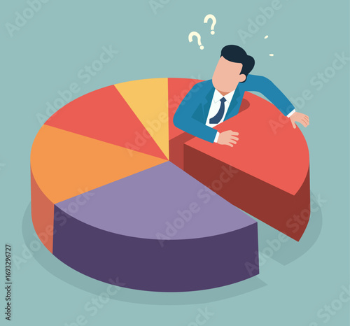 A confused businessman emerges from a pie chart with a missing slice, symbolizing lost market share, incomplete data, or financial uncertainty