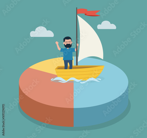 A businessman successfully navigates his journey on a sailboat across a sea of data, represented by a colorful pie chart symbolizing financial success