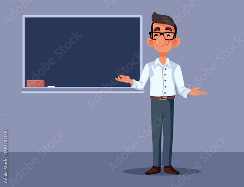 Happy Male Teacher in Front of the Class Vector Welcoming Character. Headmaster being friendly and approachable in new academic year 

