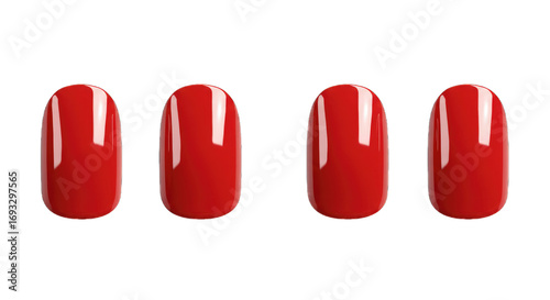 Four red nail polish samples arranged in a row isolated on a transparent background  