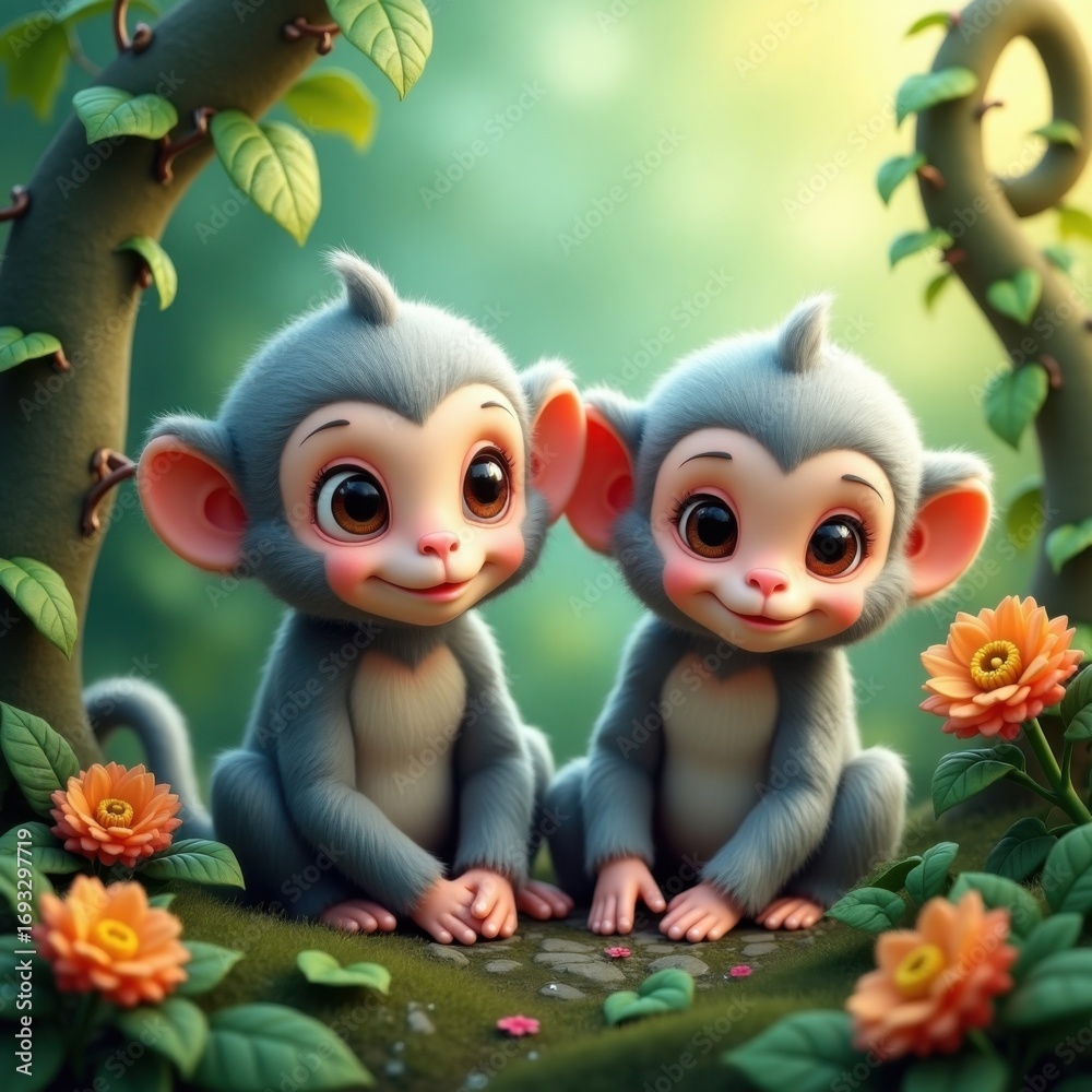 Fototapeta premium Two Adorable Baby Monkeys Sitting Together in a Lush Green Forest