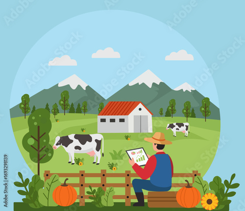 A modern farmer uses a tablet to analyze data on a smart dairy farm, blending technology with a rural, idyllic landscape