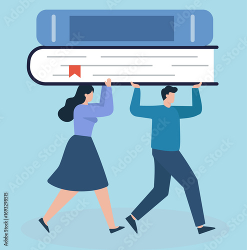 A man and woman collaborate, carrying a heavy stack of books. This flat vector illustration symbolizes the journey of shared knowledge and education