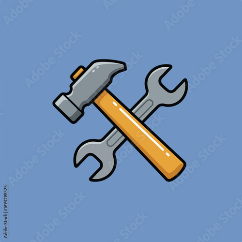 Repair tools, crossed hammer, and wrenches on a light blue background