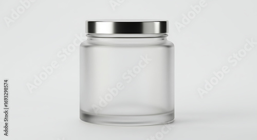 Empty Frosted Glass Jar with Silver Lid on a White Background
