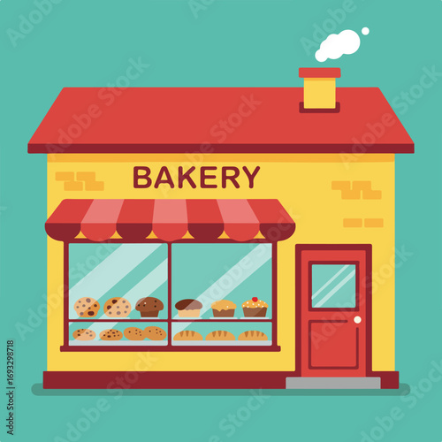 Bakery building exterior with pastry filled display window