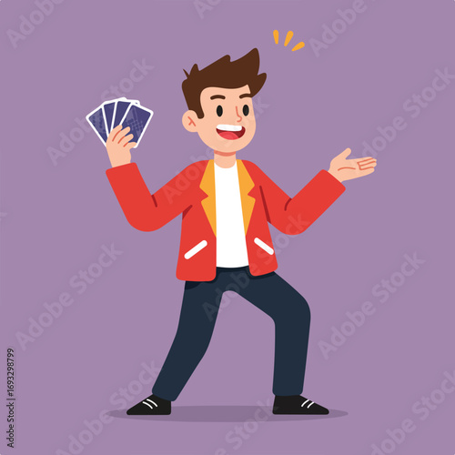 Cartoon man showing cards