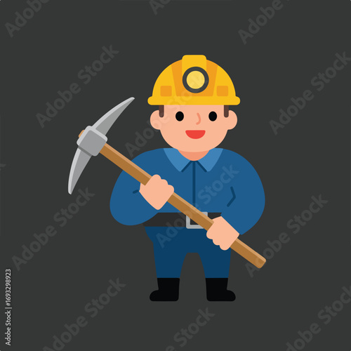 Miner worker with a pickaxe wearing a helmet, in blue working clothes
