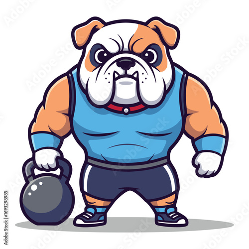 Muscular Bulldog Cartoon Character Lifting Kettlebell for Fitness and Health Campaigns