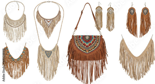 Various bohemian-style jewelry including necklaces and earrings isolated on a transparent background  