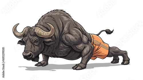 Cartoon Muscular Bull Doing Push-Ups Illustration for Strength and Fitness Concept Graphic Design