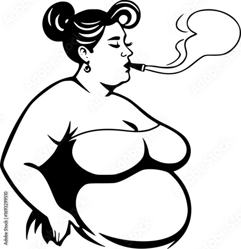 Monochrome black and white illustration of a fat woman smoking with confident expression minimalistic art style