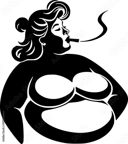 Monochrome black and white illustration of a fat woman smoking with confident expression minimalistic art style
