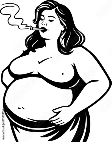 Monochrome black and white illustration of a fat woman smoking with confident expression minimalistic art style