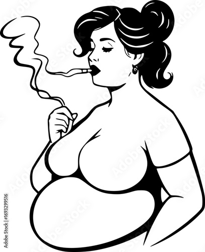 Monochrome illustration of a confident fat woman smoking with a vintage minimalist style for lifestyle and diversity concepts