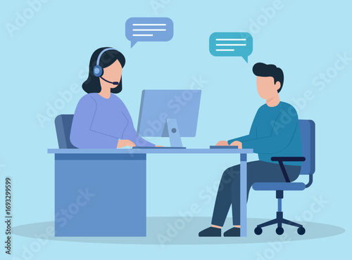 A customer service agent with a headset assists a client at her desk. Flat vector illustration of support, communication, and problem-solving