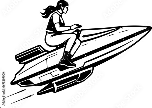 Monochrome black and white illustration of a futuristic starship riding through space with sleek design elements and cosmic details for sci-fi themes and space travel concepts
