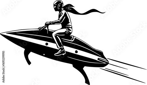 Monochrome black and white riding starship875 illustration of an astronaut on a spacecraft journey through space with minimalist vector line art style for print digital design decor and futuristic cos