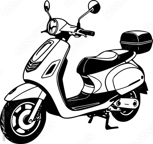 Scooter matic illustration monochrome black and white vector graphic art design retro vintage minimal modern transportation vehicle urban lifestyle commuting travel adventure speed style fashion tr