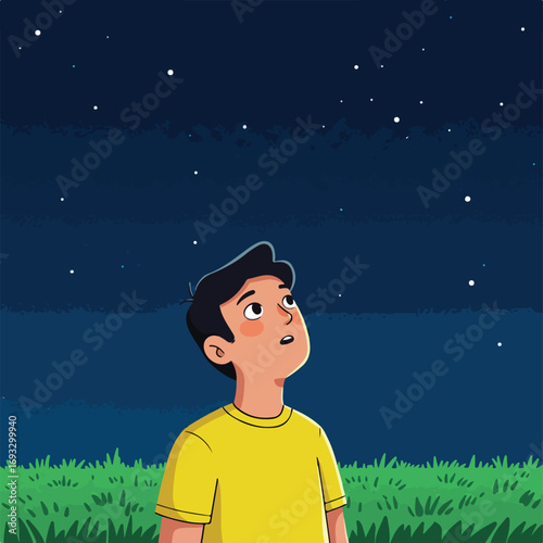 Stargazing Boy looking up at a starry night over grass