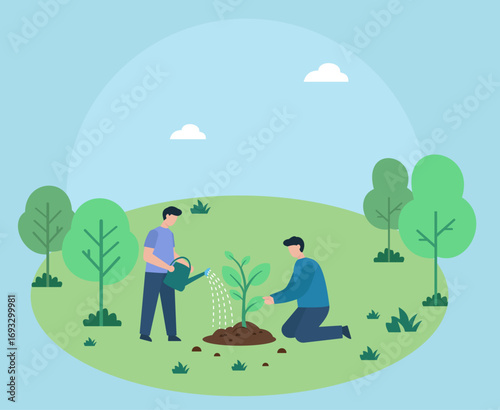 Two men plant and water a young tree, working together for environmental conservation. A flat vector concept of growth, teamwork, and sustainability