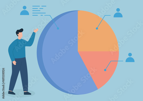 A man presents a pie chart analyzing user data and market segments. A flat vector illustration for business reports, analytics, and data visualization