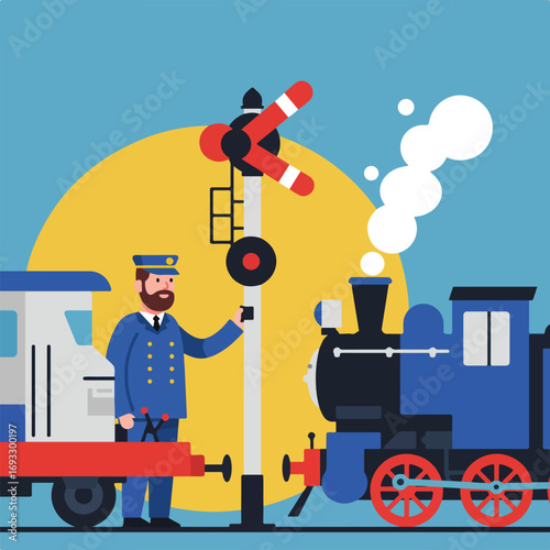 Train signal operator beside a train and a signal post