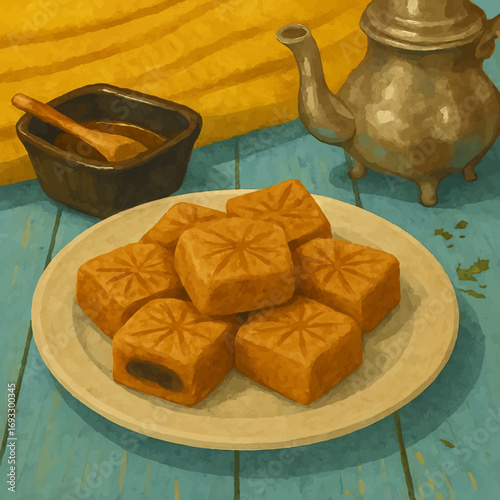 Delicious makrout cookies on a plate with tea pot, perfect for Middle Eastern desserts, breakfast treats, cultural celebrations, & culinary adventures