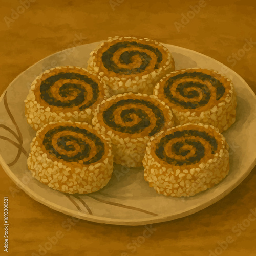 Artistic makrout rolls with spiral filling and sesame seeds, offering a sweet indulgence for bakeries, cafes, or food blogs, adding a touch of elegance