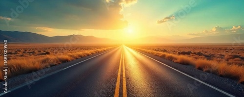 Endless asphalt ribbon disappearing into a hazy, sun-drenched horizon, promising adventure and open road freedom  Perfect for travel, vacation, and wanderlust themes ,  open road,  adventure