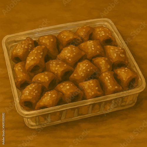 Delicious makrout bites with salt in a clear container ready to be enjoyed, perfect for snacks, parties, or a savory treat on the go