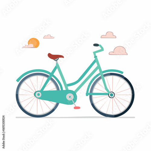 Flat Illustration of Turquoise Cruiser Bicycle with Sun and Clouds Element