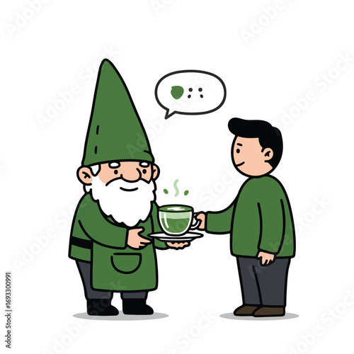 Gnome serves a hot drink