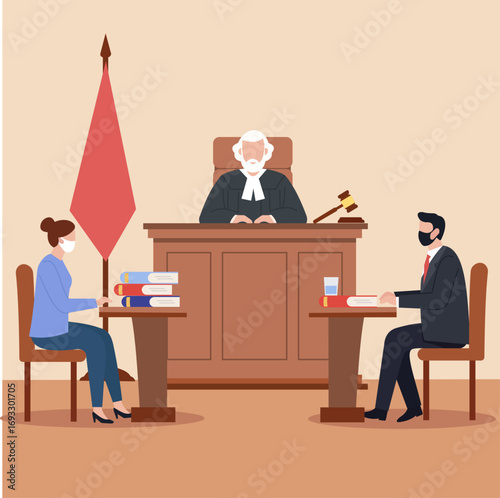 A flat vector illustration of a courtroom trial with a judge and lawyers wearing face masks, depicting justice during the pandemic