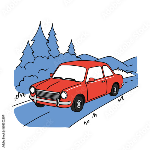 Red auto on the road, trees and bushes aside, cartoonish style