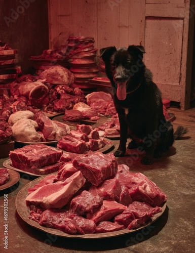 Black dog in a meat-filled room