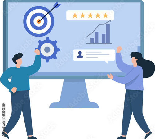 A team celebrates achieving business goals. A screen displays successful targeting, positive customer feedback, data growth, and process management