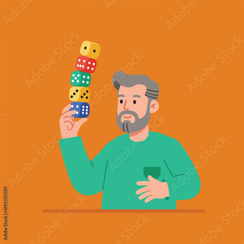 Bearded man with stacked dice