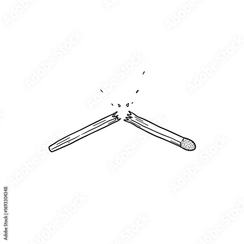 Broken Matchstick Vector. Minimalist outline of snapped wooden match, symbol of burnout, tension or danger. Transparent background, mental exhaustion, conflict, risk, fire safety illustration