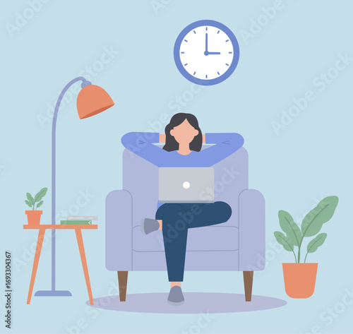 A woman relaxes in an armchair with a laptop, taking a break while working from home. A concept of work-life balance and remote work in a cozy setting
