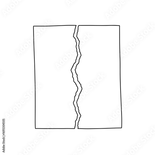 Torn Paper Outline. Split sheet icon in simple line art style, transparent background. Separation, emotional conflict, document destruction, breakups or loss metaphor for personal stories