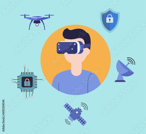 A flat vector illustration showing a person in VR surrounded by icons of technology like drones, satellites, and cybersecurity, symbolizing a secure digital future
