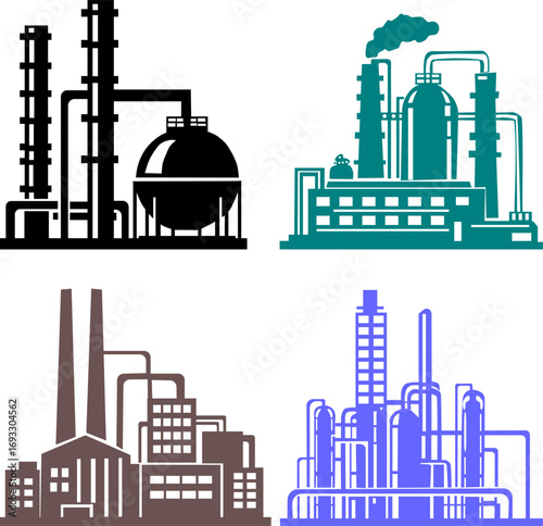 Industrial-themed images designed in a simplified style for use in icons or schematic graphics.