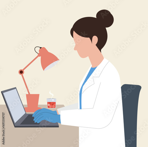 A female scientist or doctor in a lab coat working on a laptop. A flat vector design illustrating research, healthcare, and technology