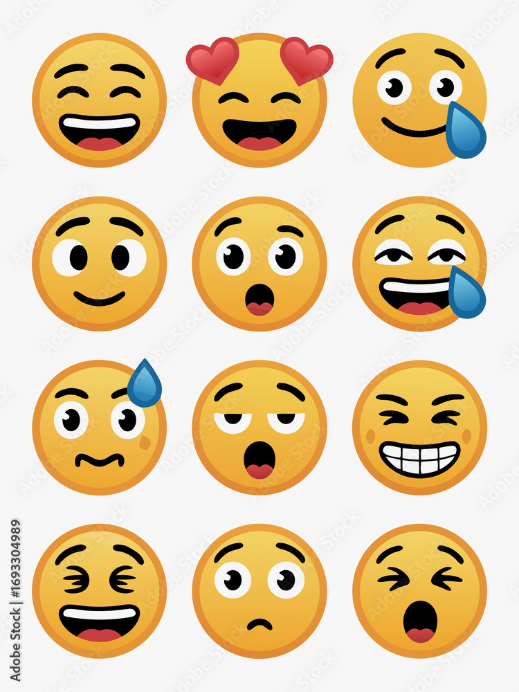 Fototapeta premium A diverse array of expressive emoji faces displaying various emotions, including joy, sadness, surprise, and love, isolated on white background