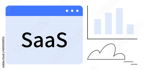 Browser window labeled SaaS, bar chart, cloud icon hinting at software as a service, data progress. Ideal for technology, cloud computing, data management, innovation, digital solutions IT tools