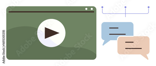 Green video player with play symbol and two chat bubbles representing commentary and interaction. Ideal for social media, online communication, video streaming, engagement, learning, collaboration