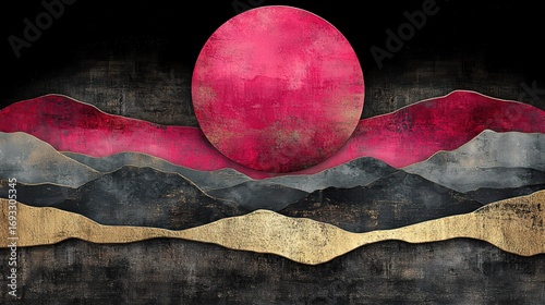 Abstract Landscape with Large Pink Circle and Layered Mountains