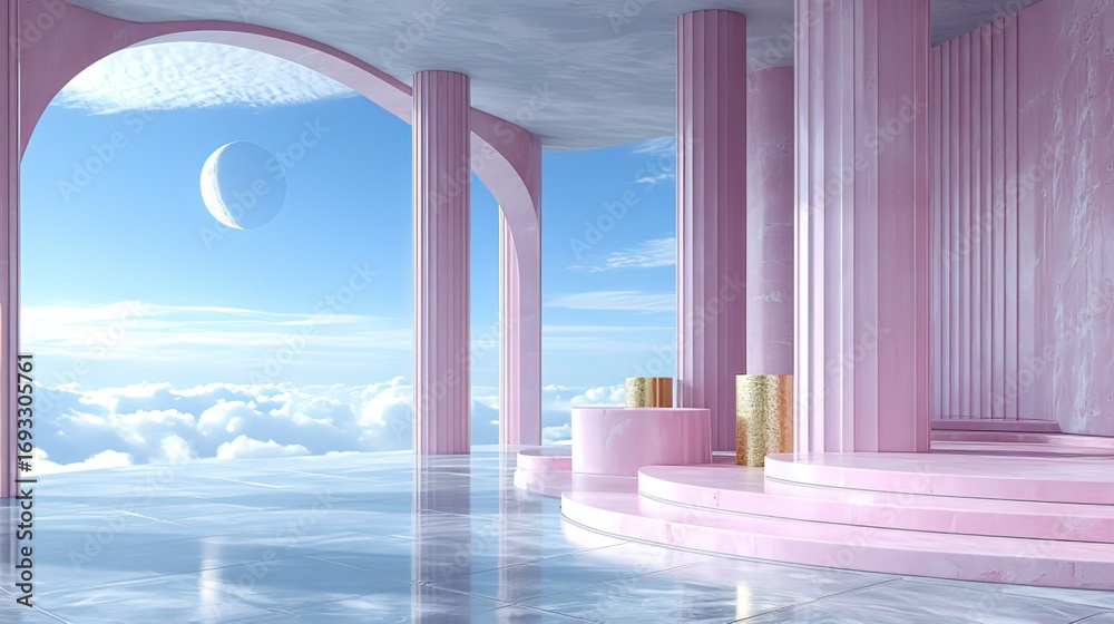 Fototapeta premium Pastel - Hued Architectural Interior with Columns and Arch, Overlooking Clouds and Crescent Moon 