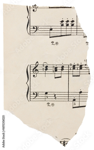 Torn scrap from music sheet page, old vintage yellowed paper with notes isolated for scrapbooking